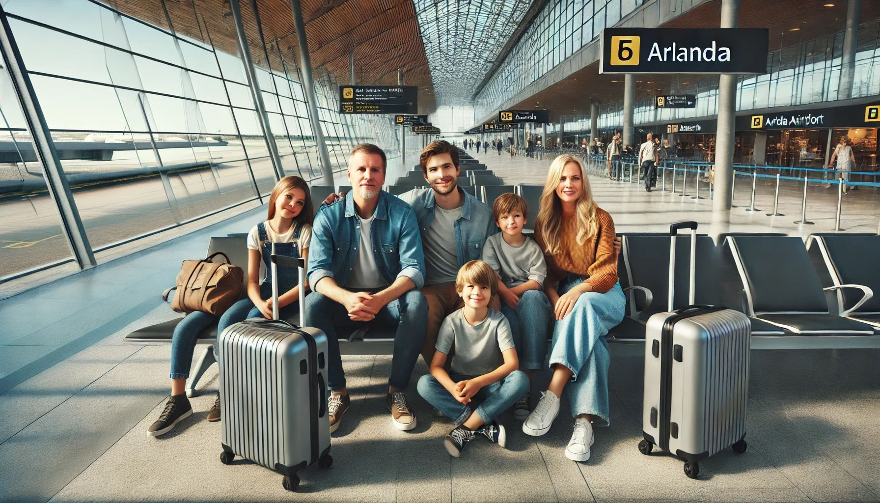 En familj sitter i en flygplatslounge redo att påbörja en semesterresa.