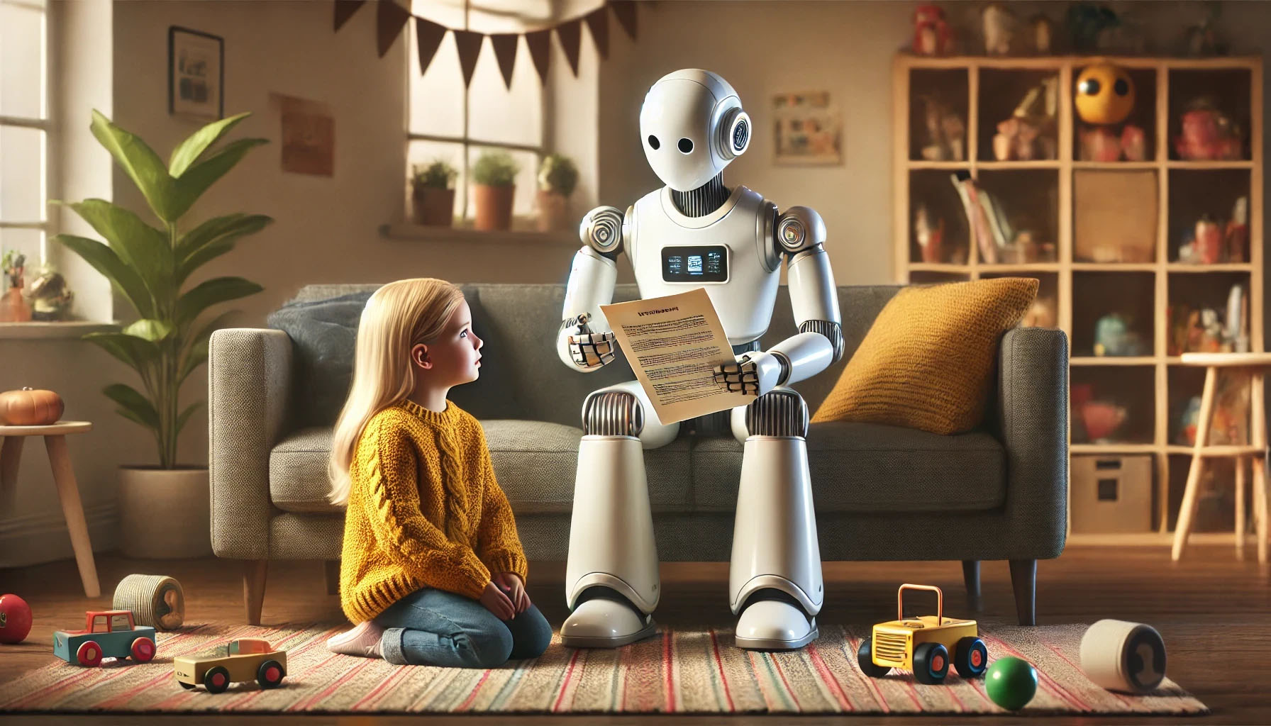 En fotorealistisk bild av en modern, vänlig robot som förklarar något för en sexårig flicka med blont hår i ett mysigt vardagsrum. Roboten håller ett kontrakt och flickan lyssnar nyfiket.